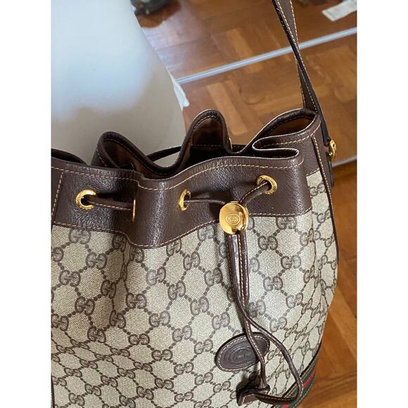 Vintage Gucci Monogram Bucket Bag with Web Stripe – Brown - Picture 5 of 14
